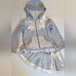 Mae Li Rose Grey Zip Up Lace Hoodie & Skirt Set Girls Size 8 Boutique